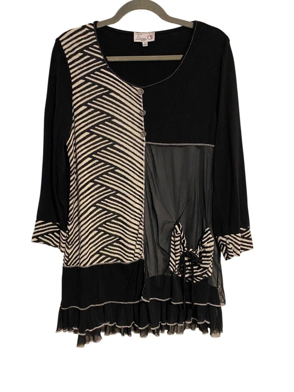 Emma G Women's M Black & White Tunic Top Patchwork Sheer Ruffle Hem Artsy Boho